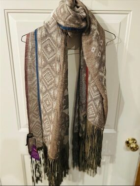 Ahujasons Neutral Aztec Pattern Fringe Scarf Indian Scarf one of a kind